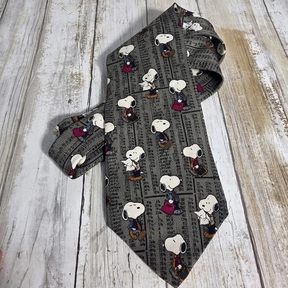 Peanuts Snoopy Stock Market Newspaper Print Grey Vintage Mens Necktie Bull Bear